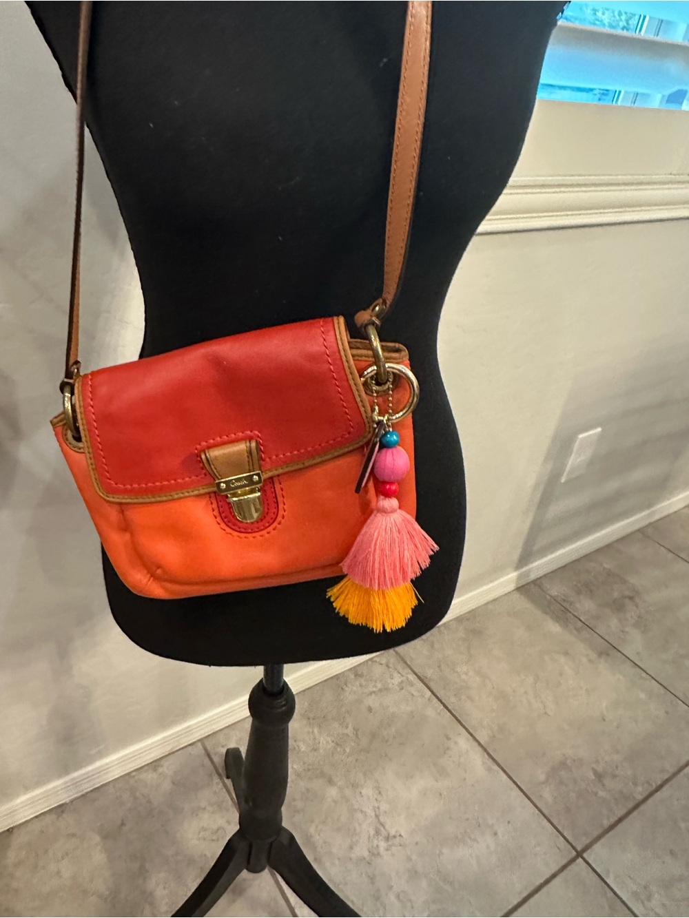 Coach Colorblock FlapTwo-Tone Red and Orange Leather Crossbody - Picture 14 of 15